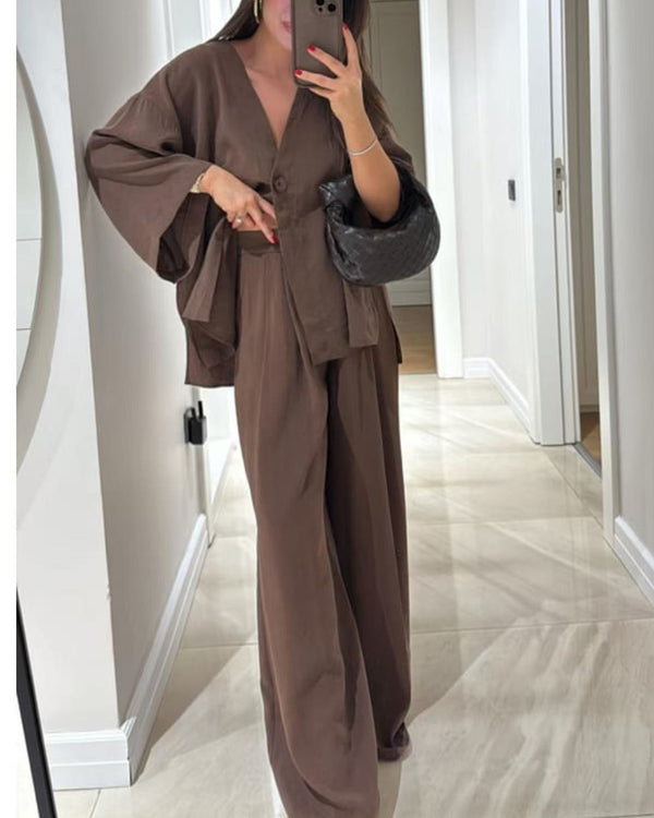 Casual V-Neck Top & Pants Two-Piece Set